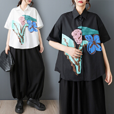 2026夏季新款复古风纯色短袖衬衫设计款印花花卉通勤显瘦女上衣