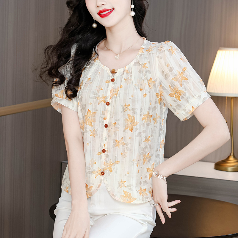 RY1419# 2026夏季新款短袖上衣时尚小众设计感气质女装印花小衫