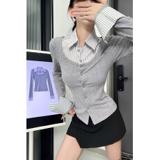 批发高智小蛮腰<b class='q'>假两件</b>衬衫女秋季高级感chic别致<b class='q'>上衣</b>修身显瘦针织衬衣