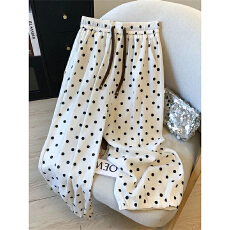 批发【65%棉30%粘胶5%麻】棉麻波点裤子女夏季高腰阔腿<b class='q'>九分</b>灯笼哈伦裤