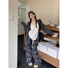 原版格子有口袋阔腿休闲裤女春秋复古高腰直筒裤宽松拖地裤