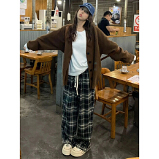 批发优质面料有口袋复古直筒<b class='q'>裤</b>女春秋新款宽松百搭<b class='q'>格子</b>休闲阔腿<b class='q'>裤</b>