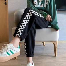 薄款棋盘格运动裤女宽松新款束脚卫裤休闲百搭哈伦裤子潮