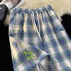 批发【100%纯棉】蓝白格五分裤男女同款夏季<b class='q'>宽松</b>短裤外穿<b class='q'>运动</b>情侣中裤