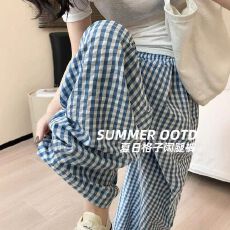 批发【50%棉50%涤】蓝色格子阔腿裤女夏高腰休闲宽松慵懒风遛弯山本裤