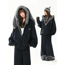 批发AONW美式满天星毛领兔耳朵冬季加绒连帽套装女宽松卫衣裤子两件套