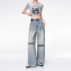 批发美式复古阔腿<b class='q'>牛仔裤</b><b class='q'>女</b>秋季新款遮跨字母印花设计感拖地裤宽松裤子