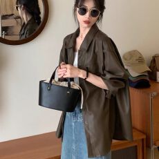 批发慵懒风咖色pu中长款皮衣<b class='q'>外套女</b>春秋2025新款宽松皮夹克衬衫