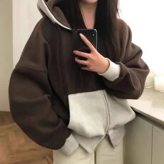 批发韩国chic秋季美式复古双拉链撞色宽松休闲百搭长袖连帽卫衣<b class='q'>外套女</b>