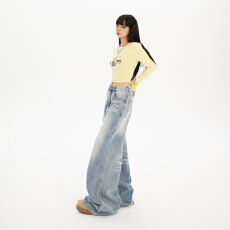 批发实拍美式复古宽松高腰阔腿裤磨破秋<b class='q'>冬</b>百搭垂感牛仔裤女&长裤加长