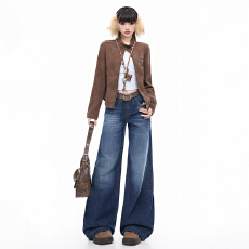 批发实拍美式纹理设计感2025新款秋冬女生牛仔宽松长<b class='q'>裤</b>拖地日常百搭