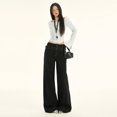 批发复古双腰头<b class='q'>设计</b>感女秋冬新款美式垂感阔腿休闲裤