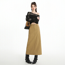 批发实拍通勤风卡其色西装半身裙春季新款A字包臀长裙子女