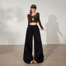 批发实拍美式复古宽松阔腿裤高腰<b class='q'>松紧腰</b>抽绳垂感直筒休闲裤女长裤加长