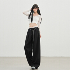 批发实拍黑色假两件弯刀休闲裤女蕾丝双腰头宽松阔腿裤