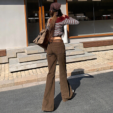 批发实拍2025秋冬款复古蓝美式灯芯绒宽松喇叭裤女美拉德高腰显瘦长裤