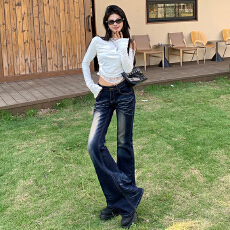 批发实拍千禧YK2复古水洗猫须重工艺压褶低腰弹力喇叭<b class='q'>裤</b>腰臀比长<b class='q'>裤</b>