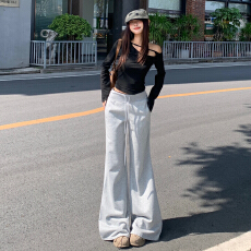 批发实拍玛莉&美式休闲｜抽绳松紧腰<b class='q'>设计</b>｜低腰微喇运动休闲裤女