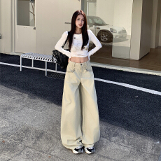 批发实拍玛莉&美式复古｜<b class='q'>钉珠</b>装饰设计｜宽松阔腿<b class='q'>牛仔裤</b>女