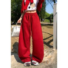 批发实拍美式复古高腰宽松阔腿裤<b class='q'>百搭</b>垂感抽绳弯刀裤2026开春休闲裤女