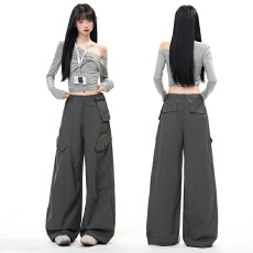 批发实拍雅痞辣妹｜潮牌设计感工装阔腿裤女斜口袋显瘦休闲长裤加长