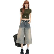 批发实拍新款美式复古蓝高腰牛仔裤女七分裤宽松阔腿直筒裤