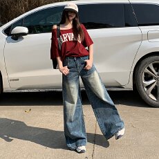 批发实拍复古水洗做旧蓝牛仔裤春<b class='q'>夏</b>新款垂感阔腿直筒牛仔裤长裤&加长