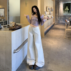 批发实拍云雾白阔腿<b class='q'>牛仔裤</b>女2026春夏新款高腰显瘦直筒宽松百搭拖地裤