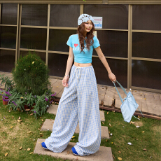 批发实拍美式复古宽松垂感阔腿<b class='q'>裤</b><b class='q'>慵懒</b>百搭<b class='q'>格子</b>抽绳松紧腰直筒休闲<b class='q'>裤</b>女