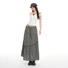 批发实拍26th ootd!春季新款黑白格纹褶皱半身裙女度假少女感半裙