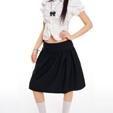 批发实拍26th ootd!春季新款复古黑色花苞褶皱中长百搭休闲蓬蓬裙