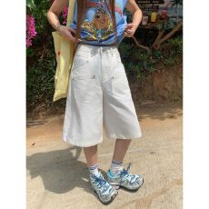 批发实拍美式复古高腰宽松<b class='q'>阔腿裤</b>七分裤白色百搭垂感直筒牛仔裤女