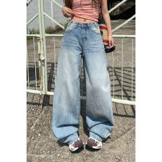 批发实拍美式复古水洗高腰宽松<b class='q'>阔腿裤</b>百搭春夏新直筒款牛仔裤女2026
