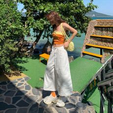 批发实拍美式复古宽松<b class='q'>阔腿裤</b>百搭垂感七分裤多口袋小众春夏牛仔裤女