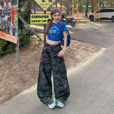 批发实拍美式复古宽松<b class='q'>阔腿裤</b>迷彩弯刀裤百搭垂感工装裤牛仔裤女