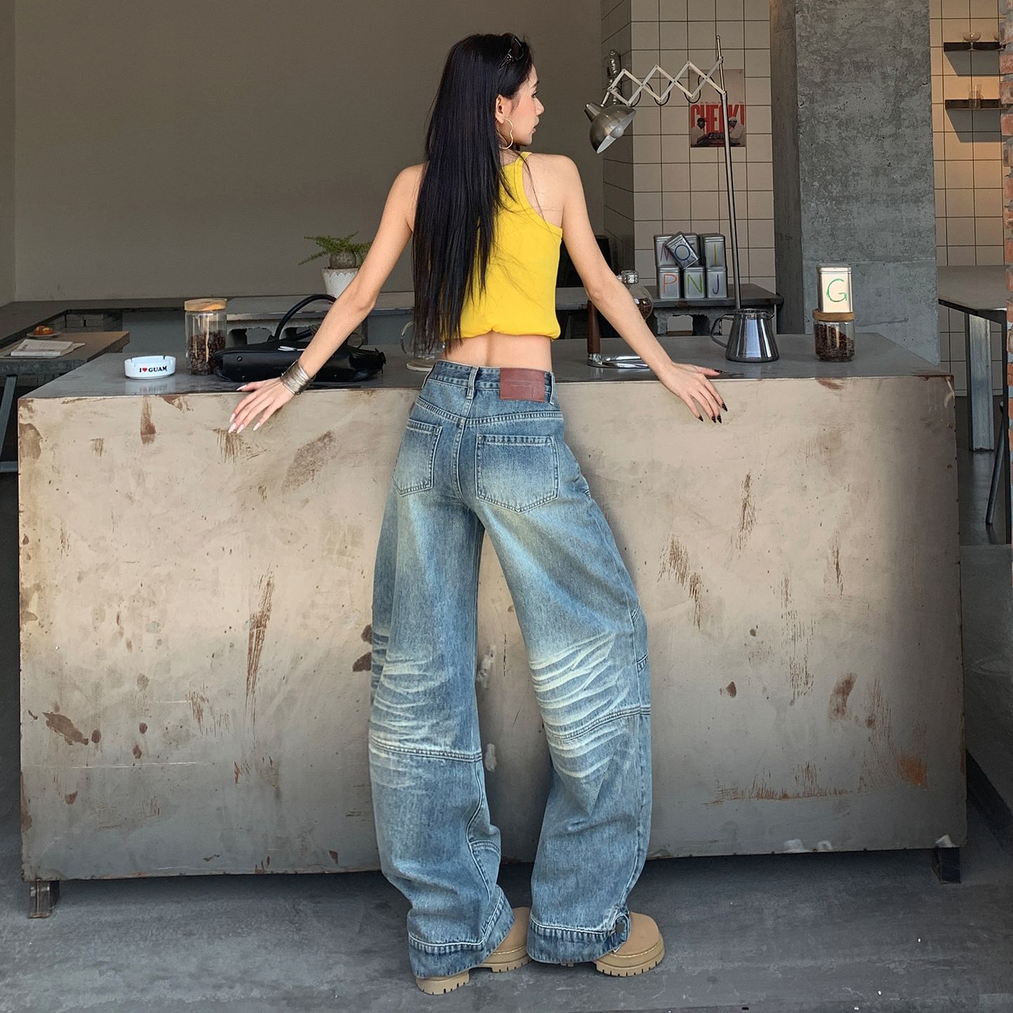 실사 아메리칸 레트로 해체 모통이 칼 디자인 루즈핏 넓은 다리 청바지 여성
