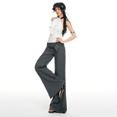 批发实拍26th ootd!灰色低腰微喇西装女宽边腰带设计感显瘦休闲马蹄裤