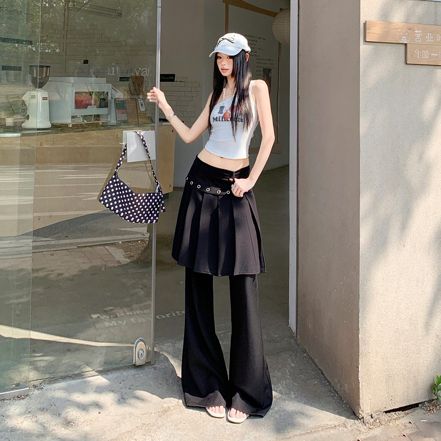 실사 26th ootd 아메리칸 레트로 플리츠 치마바지 페이크 레이어드 디자인 센스 개성 정장 랩스커트팬츠 롱 바지