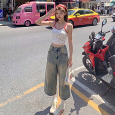 批发实拍美式复古｜做旧洗水工艺｜宽松直筒七分<b class='q'>牛仔裤</b>女