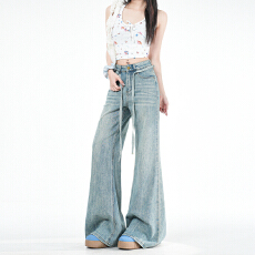 批发实拍清丽原生感｜俏皮小猫｜ 抽绳设计微喇叭阔腿显瘦<b class='q'>牛仔裤</b>女