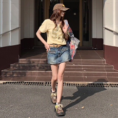 批发实拍高腰新款复古辣妹短裙a字裙带百搭防走光包臀牛仔裙半身裙夏