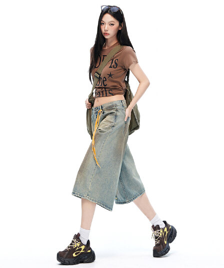 실사 무거운 작업 아메리칸 더러운 워시 데님 바지 여성 봄 루즈핏 스트레이트 문지르다 색상 캐주얼 반바지 7부 바지