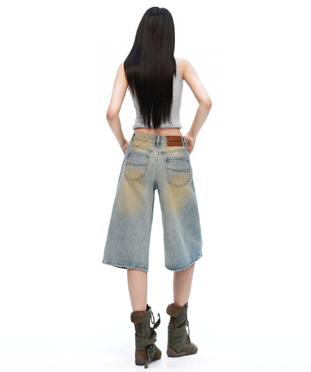 실사 아메리칸 여름 새로운 찢어진 부분 진흙 염색 루즈핏 스트레이트 워싱 데님 바지 7부 바지