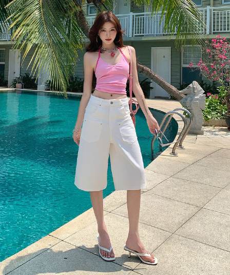 실사 여름 신제품 한 여성 분위기 클래식 다용도 화이트 해체 센스 기타 주머니 데님 바지