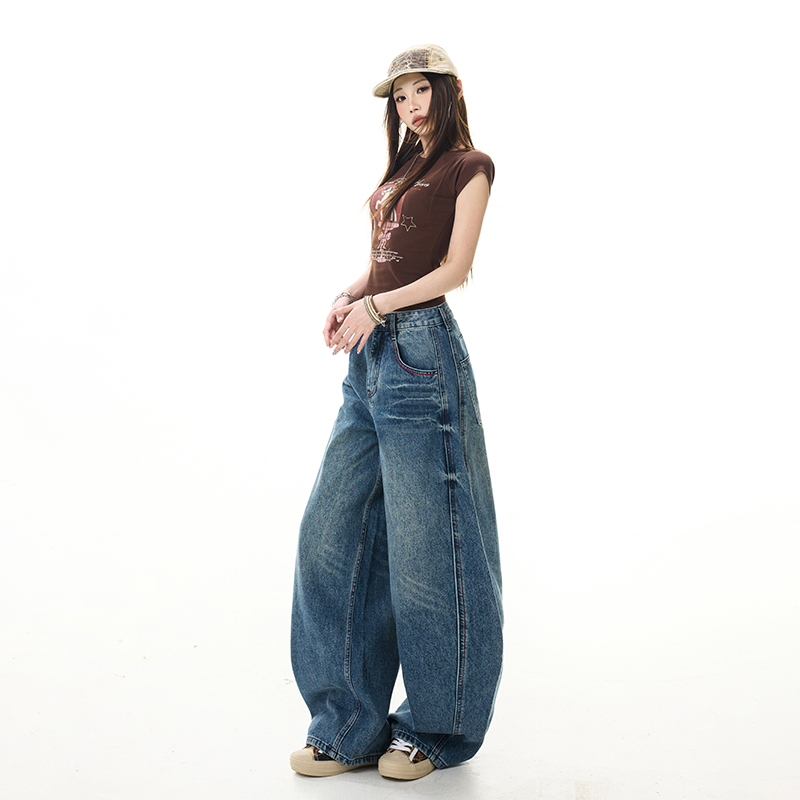 실사 아메리칸 무거운 공예 워시 물 배색 자수 모통이 칼 와이드 레그 팬츠 청바지 여성