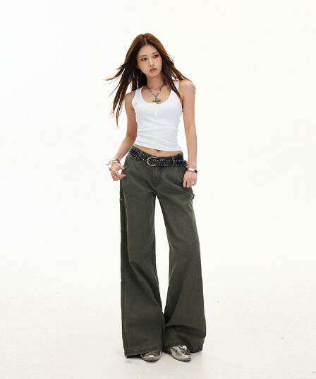 실사 아메리칸 레트로 로우 웨이스트 워싱 핫걸 워크웨어 팬츠 여성 스트레이트 부츠컷 캐주얼 바지