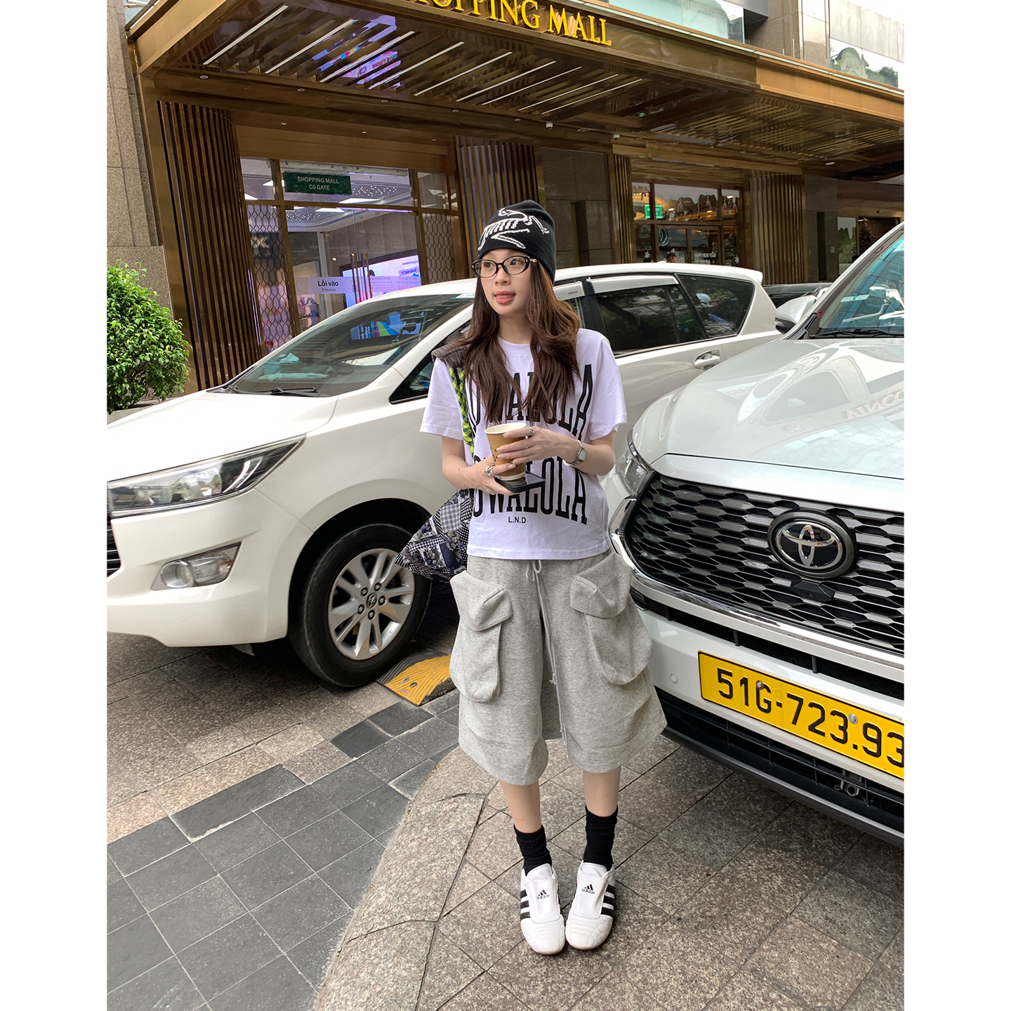 실사 트로피컬 끝났어 여름 느긋한 일상 느슨함 다용도 스타일 회색 빅 포켓 별 바지