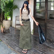 批发实拍美式复古｜后开叉设计｜中长款工装牛仔半身裙女