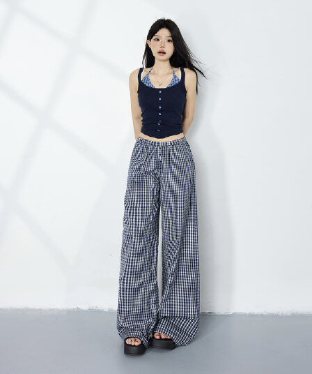 실사 2 색 레트로 루즈핏 허리밴드 체크무늬 다용도 슬림해 보이는 느긋한 바람 스트레이트 단추 디자인 캐주얼 바지 여성