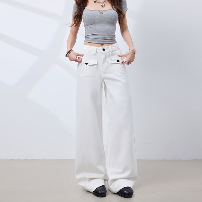 실사 플립 커버 주머니 디자인 화이트 루즈핏 캐주얼 바지 스트레이트 넓은 다리 청바지 여성